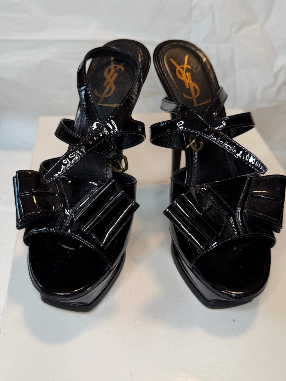 Saint Laurent Black Patent Leather Bow Strappy High Heels - Picture 2 of 10